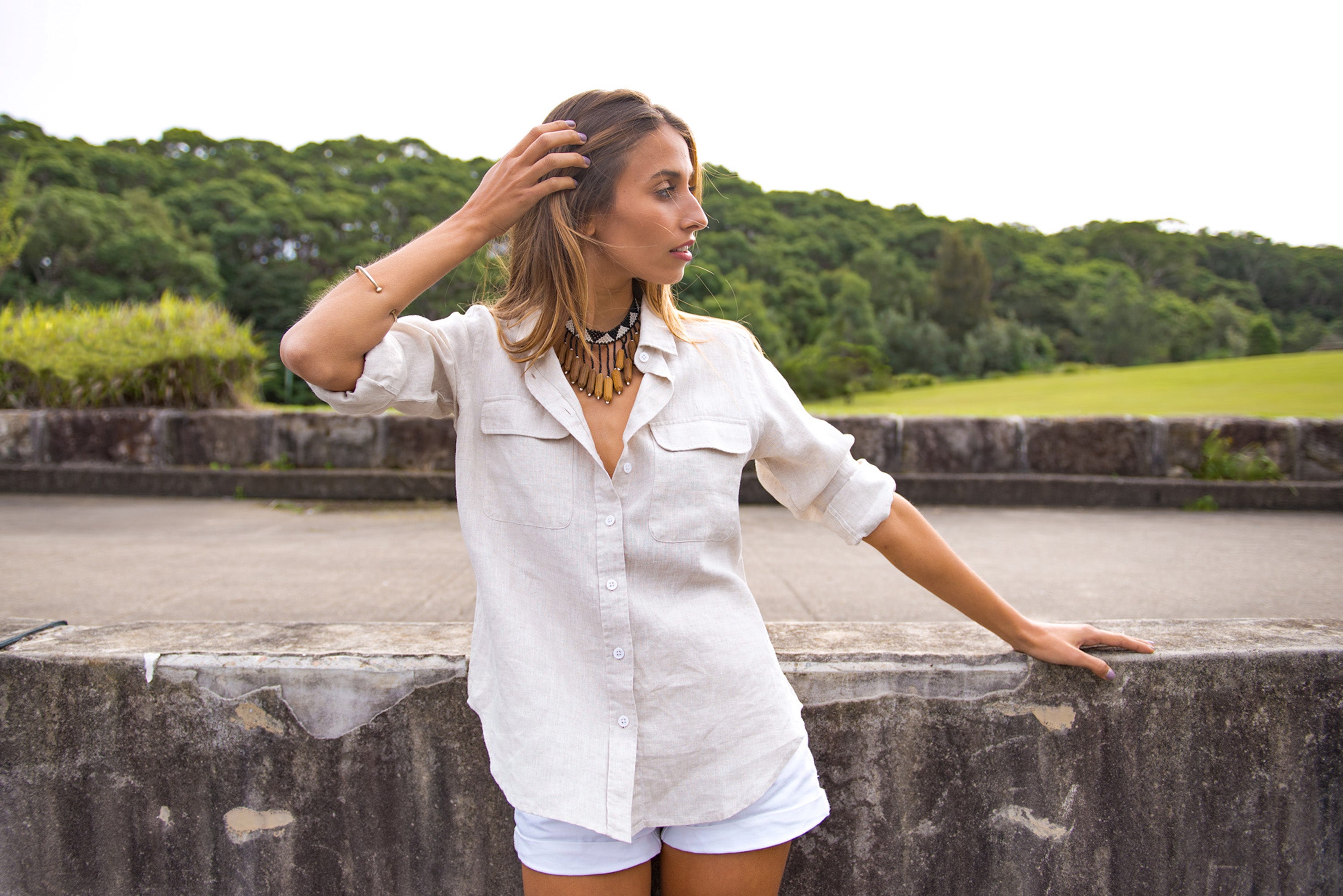 Lotus White Relaxed Linen Shirt with Mandarin Collar – CAMIXA