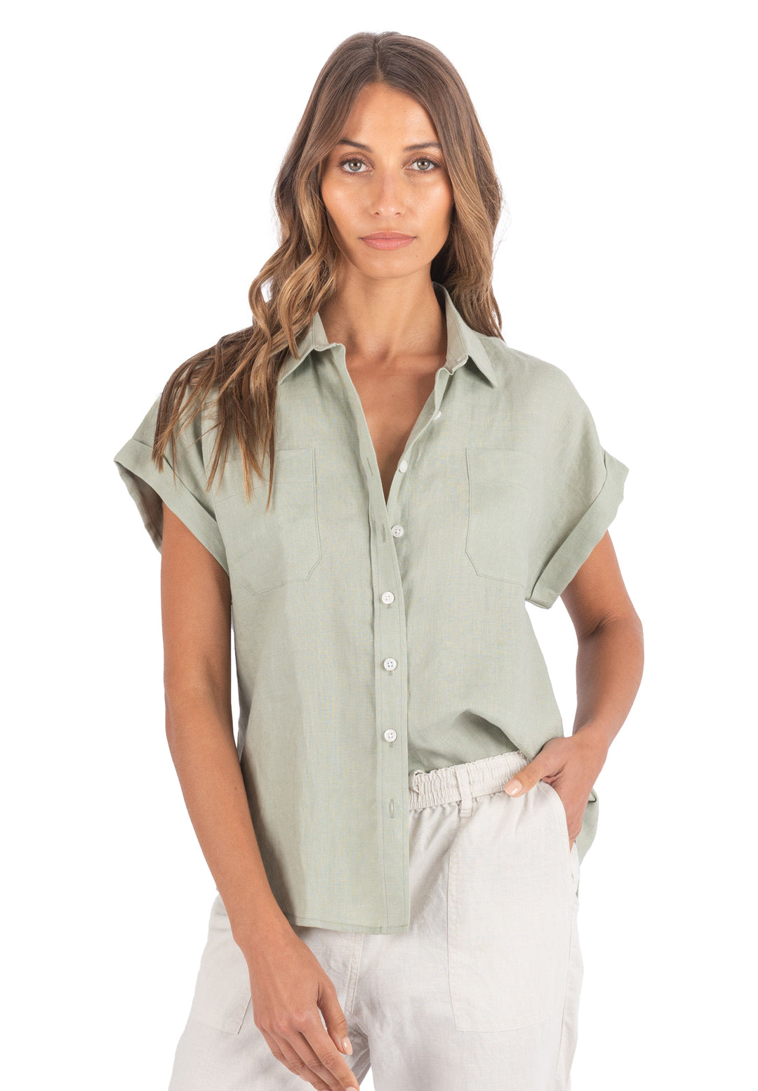 Capri Sage Green SS Linen Shirt