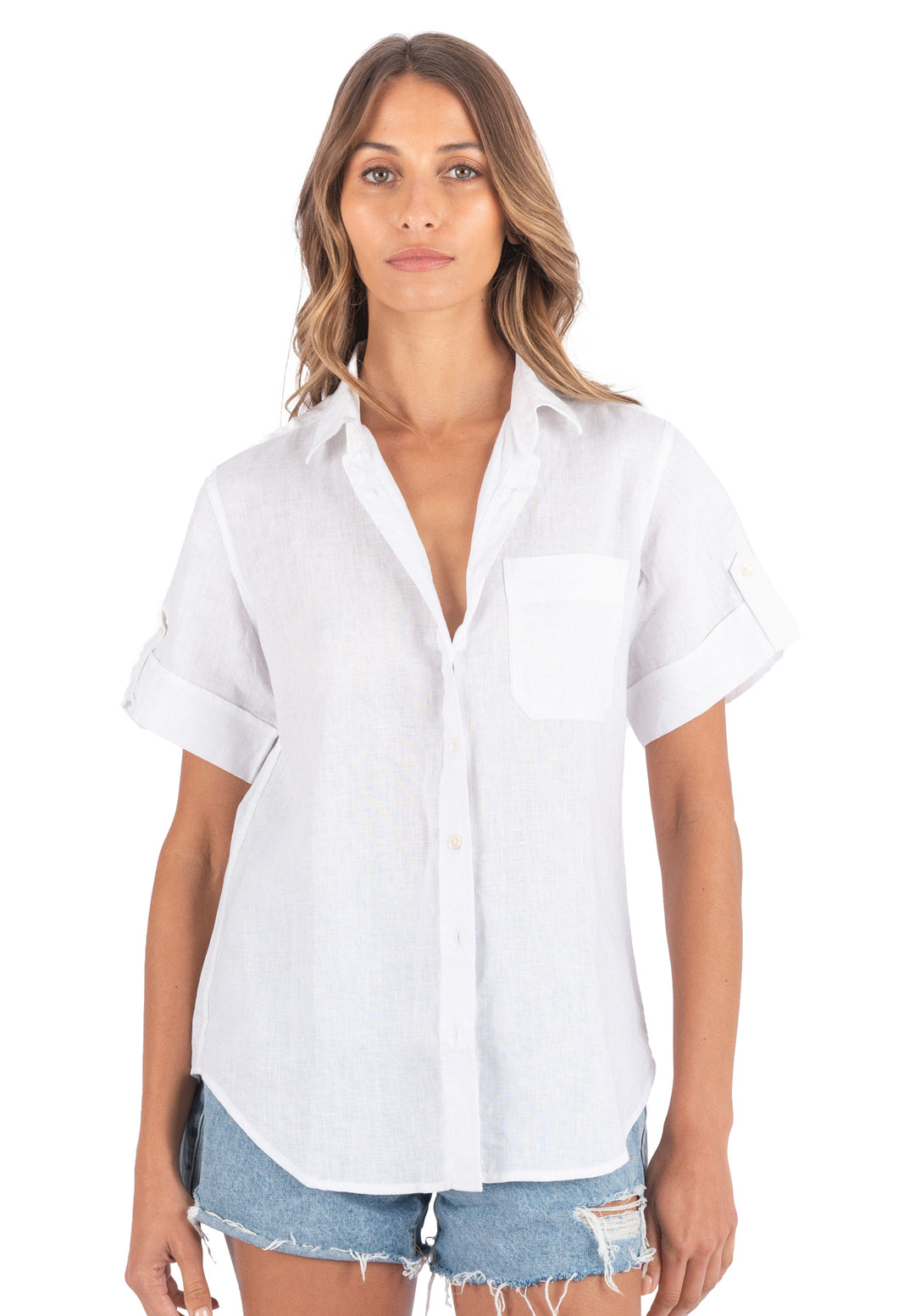 Febe-SS White Casual Linen Camp Shirt