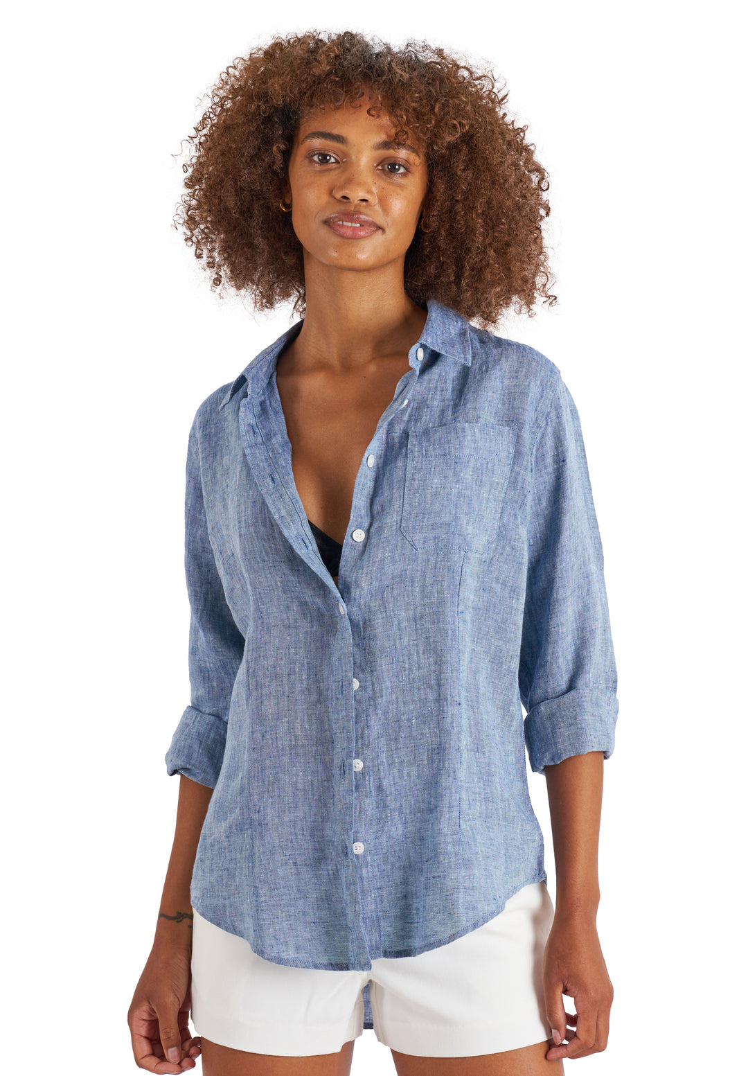 Lina Blue Melange Slim-Fit Linen Shirt
