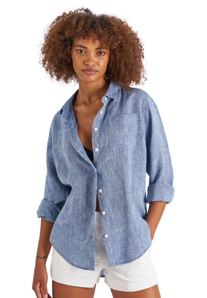 Lina Blue Melange Slim-Fit Linen Shirt