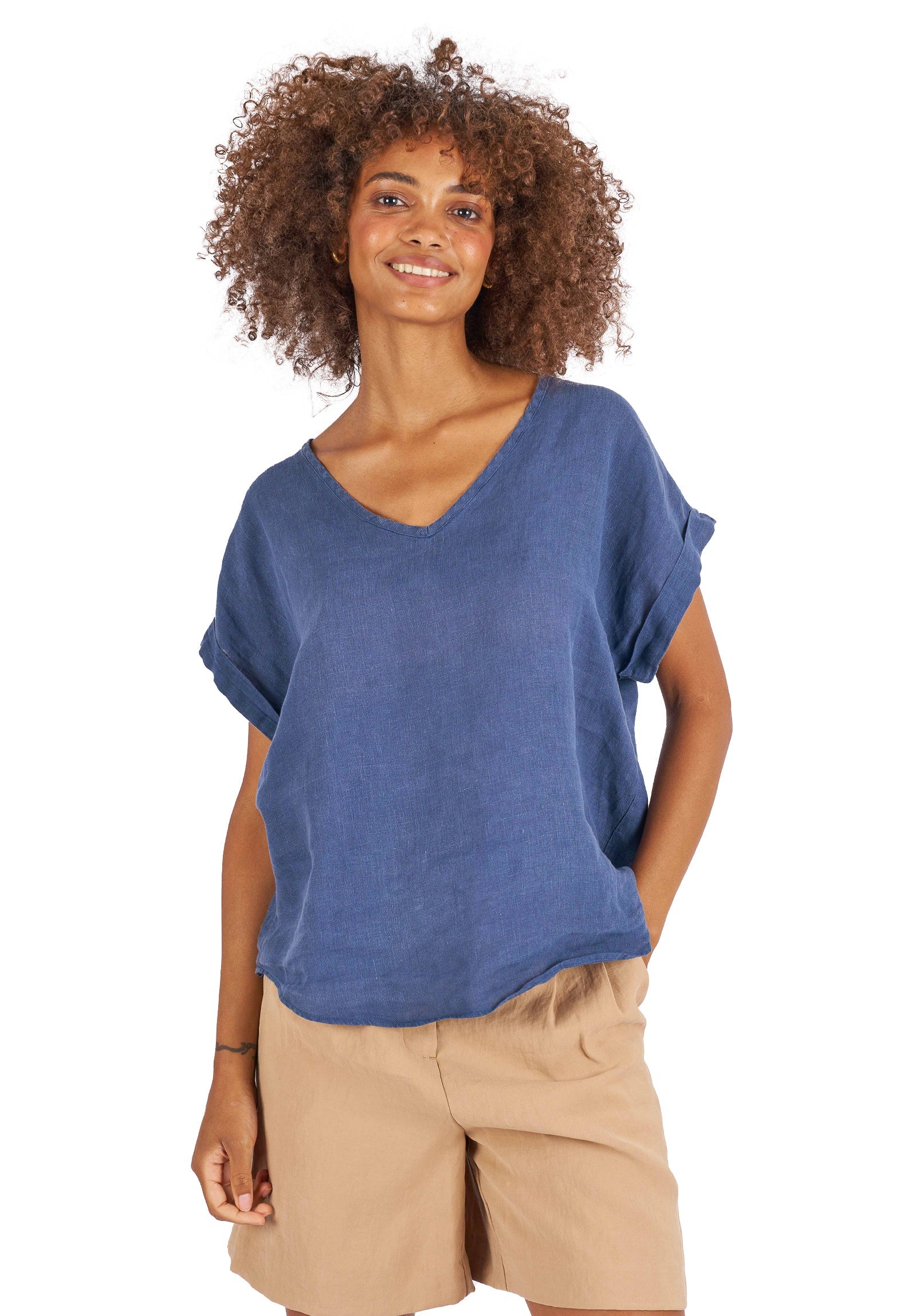 カットソー(半袖+袖なし) BED&B  LINEN CHAMBRAY HALFSLEEVE TOPS Martina Blue Sand Washed Linen T-Shirt – camixa.com