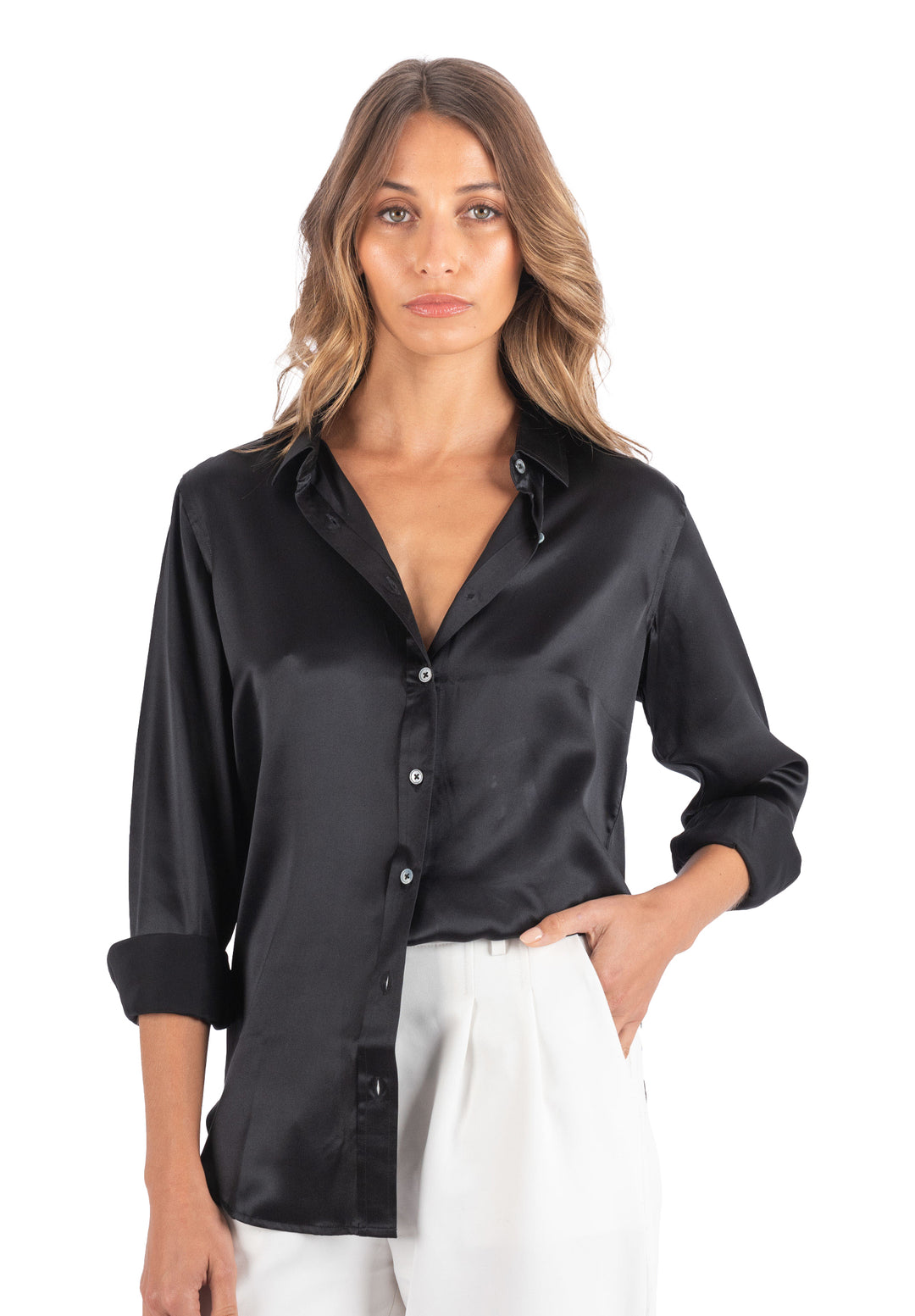 Satin-Silk Black Relaxed Fit Charmeuse Silk Shirt