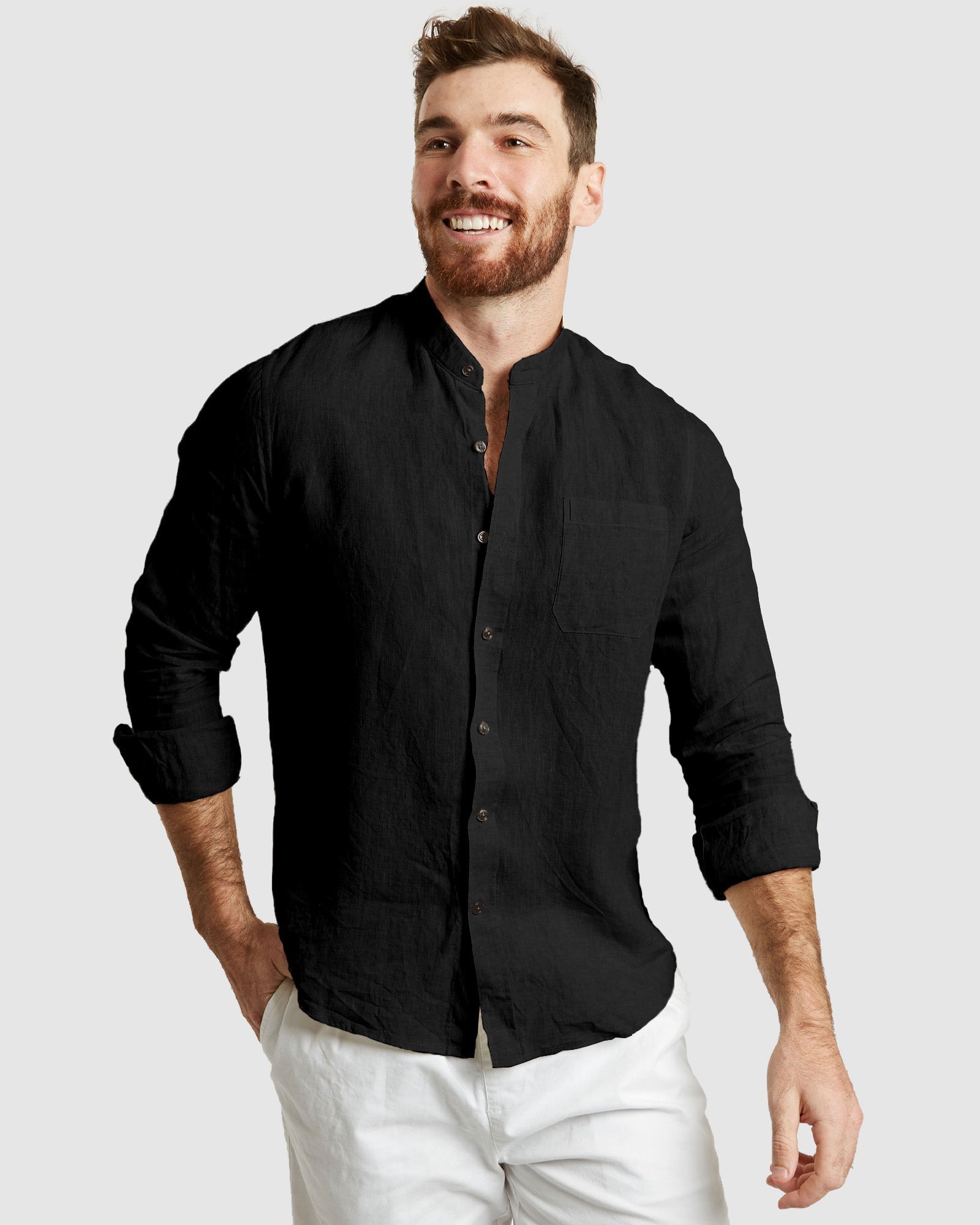 Palma-Casual Black Mandarin Collar Linen Shirt Palma-Casual Black Mandarin Collar Linen Shirt