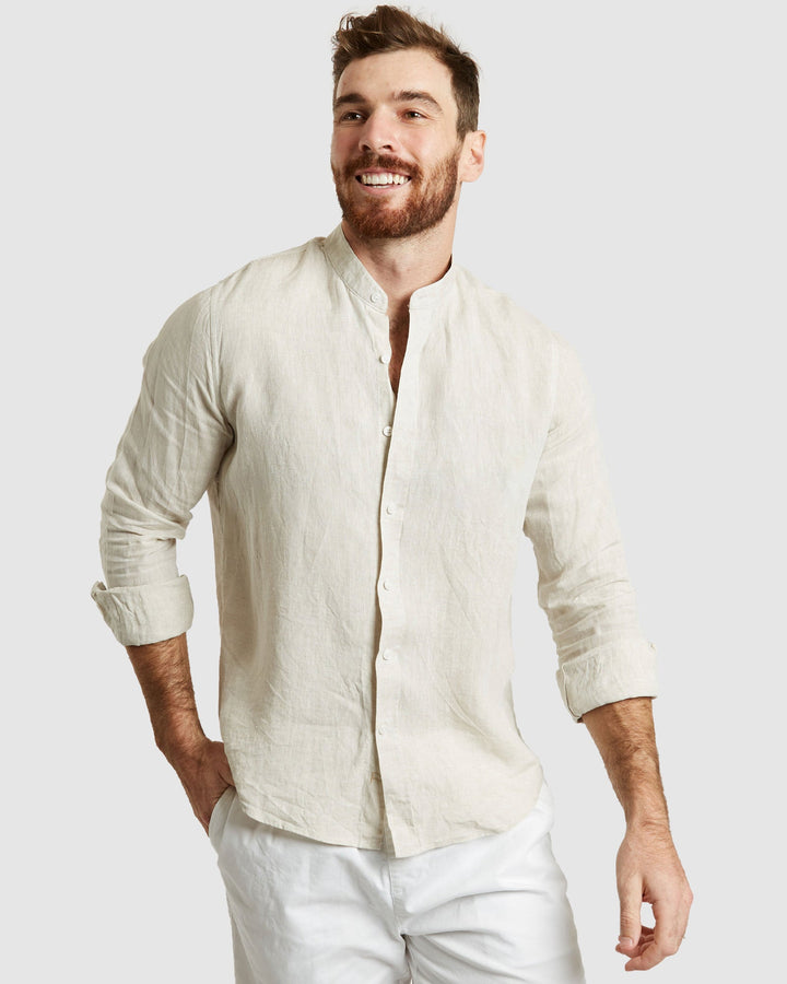 Palma-Casual Sand Mandarin Collar Linen Shirt