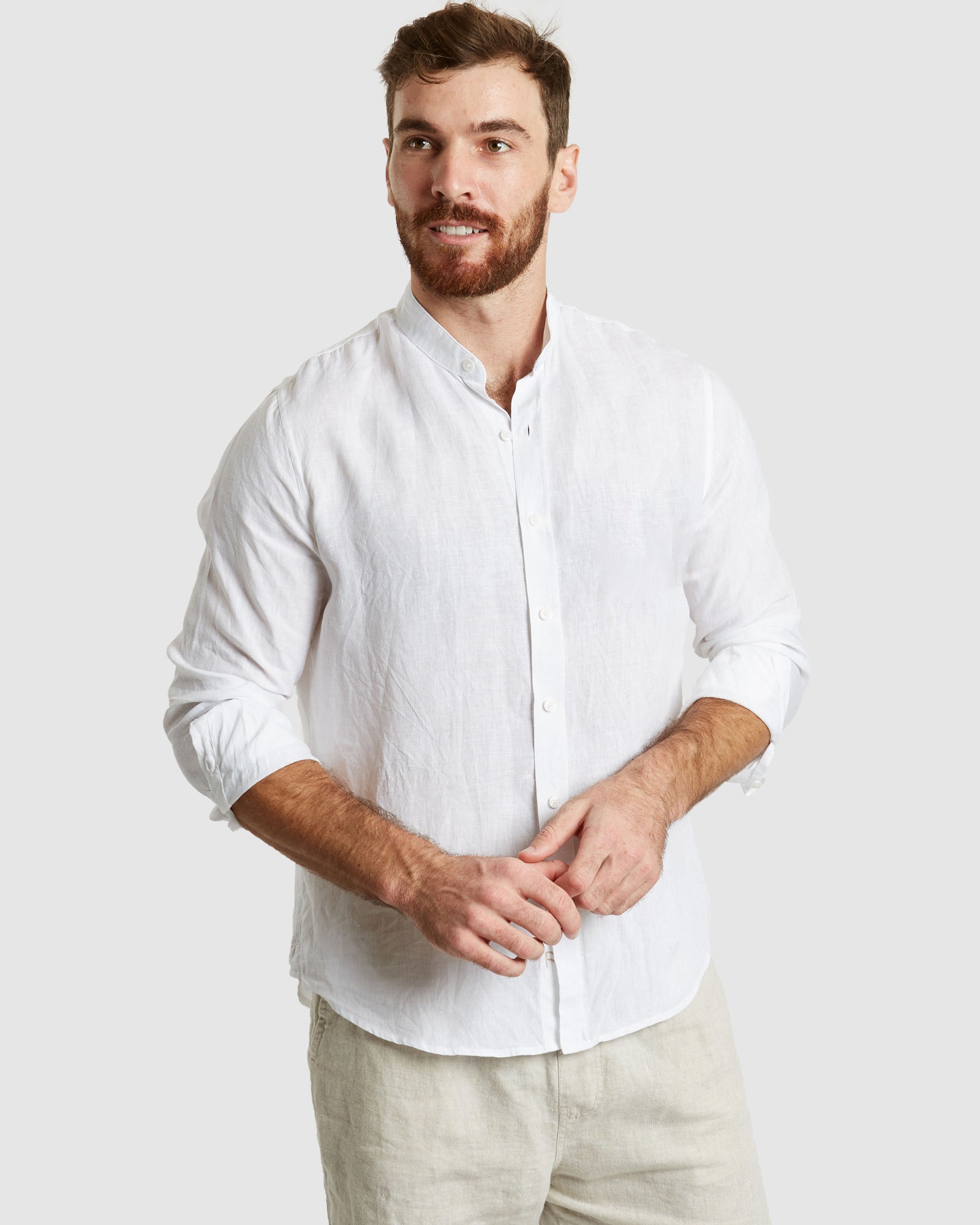 Palma-Casual White Mandarin Collar Linen Shirt Palma-Casual White Mandarin Collar Linen Shirt