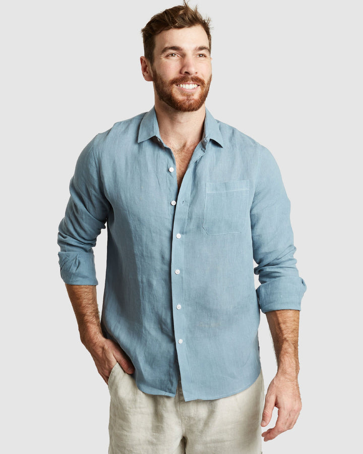 Tulum-Casual Dusk Blue Linen Shirt Long Sleeve