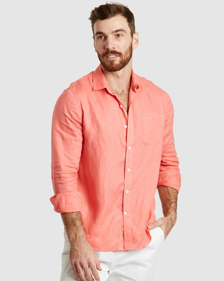 Tulum-Casual Coral Linen Shirt Long Sleeve