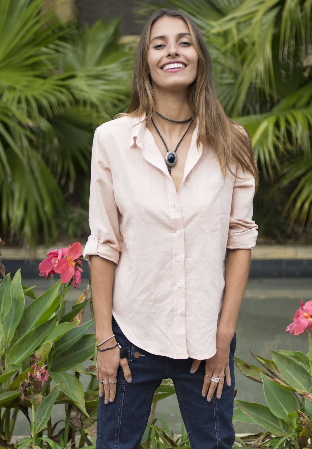 Febe-LS Tropical Blush linen shirt with roll-up tabs