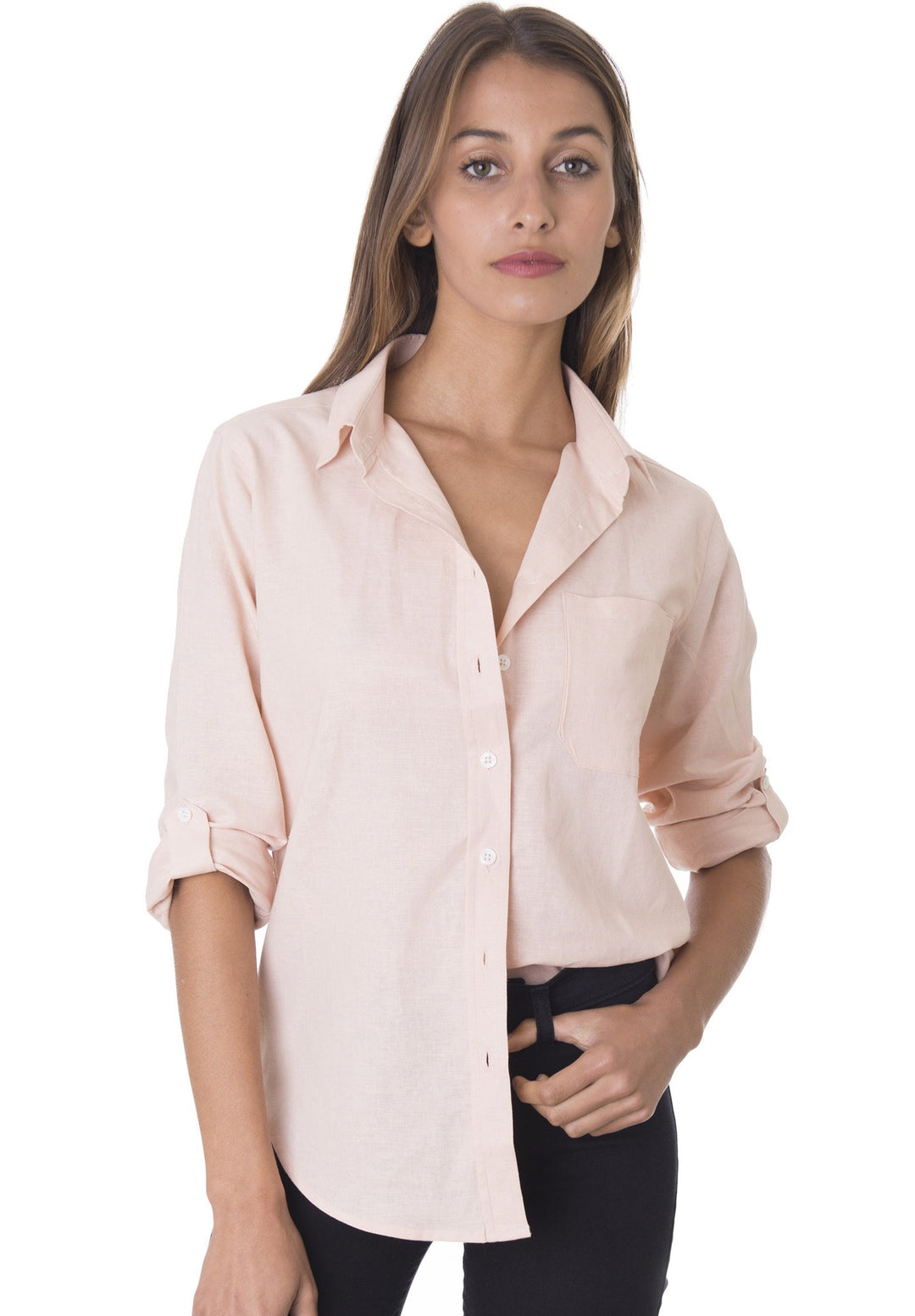 Febe-LS Tropical Blush linen shirt with roll-up tabs
