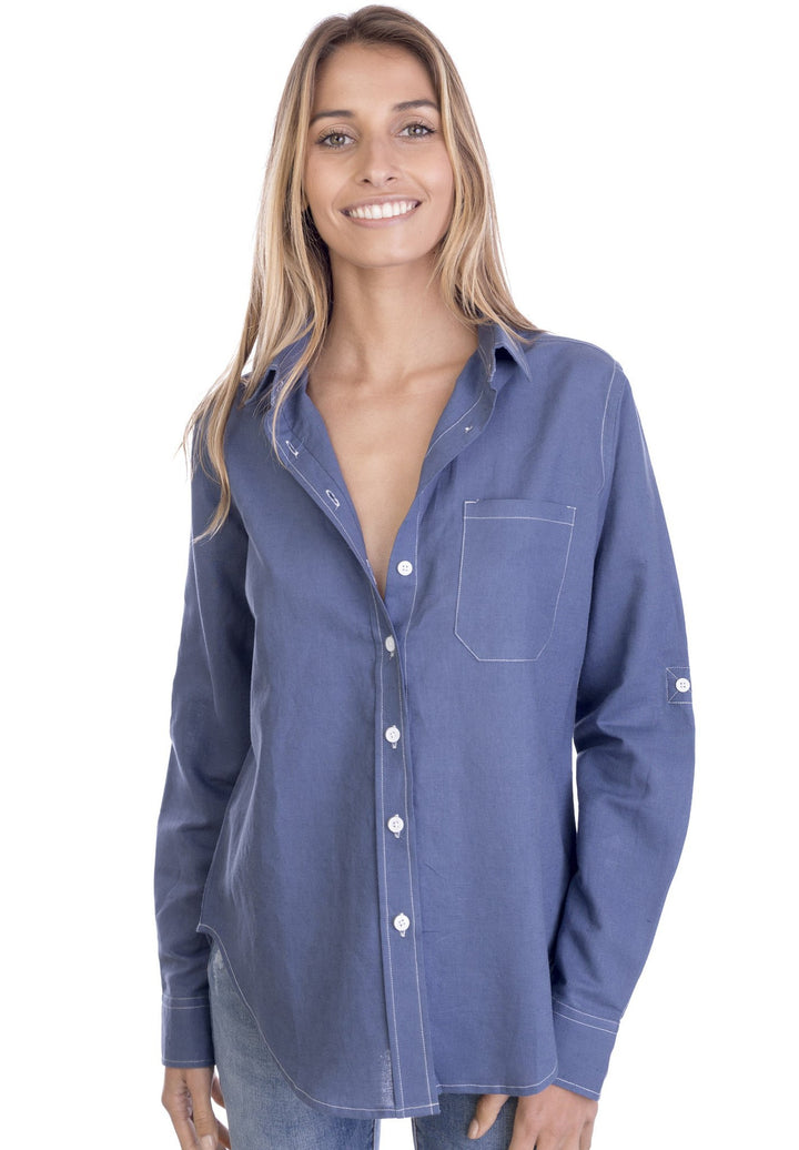 Febe-LS Prussian Blue linen shirt with roll-up tabs