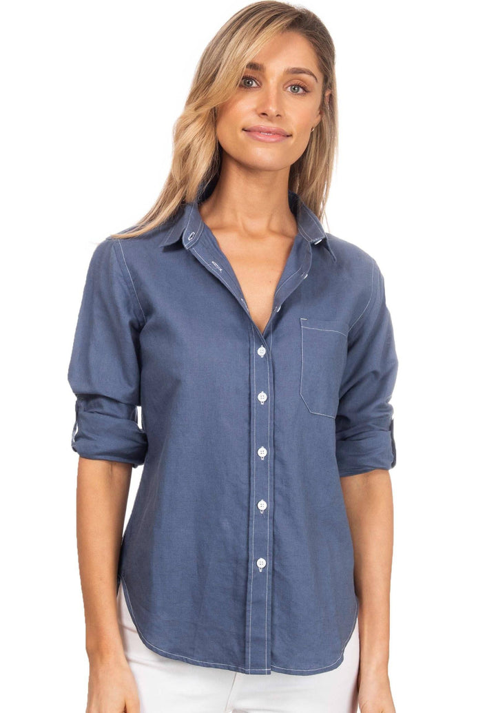 Febe-LS Prussian Blue linen shirt with roll-up tabs