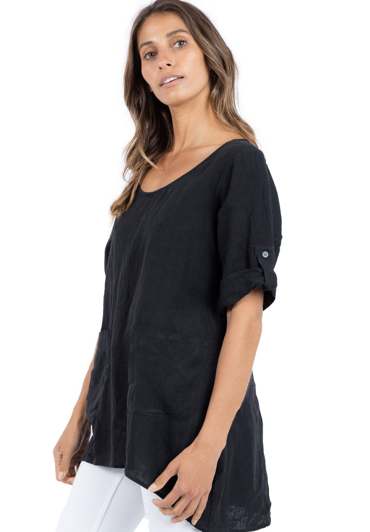 Federica Black Sand Washed Linen Tunic Top