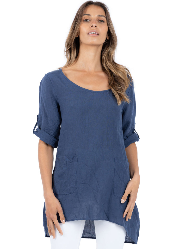Federica Blue Sand Washed Linen Tunic Top