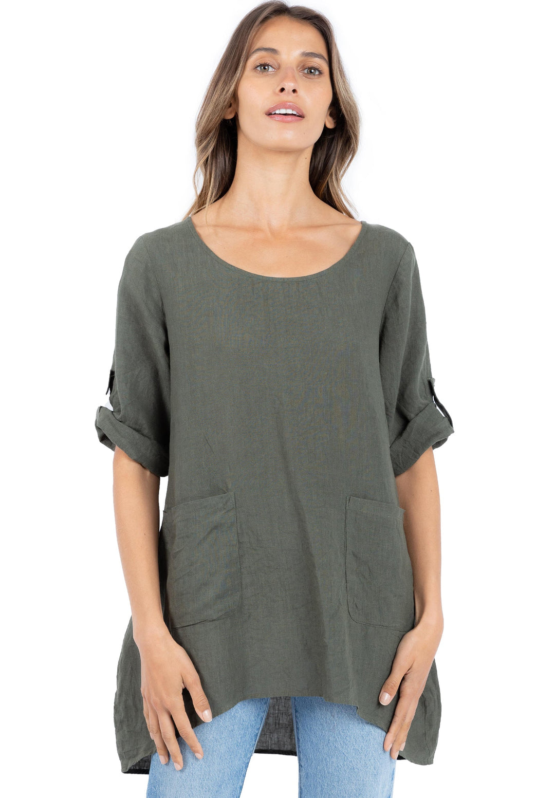 Federica Olive Green Sand Washed Linen Tunic Top