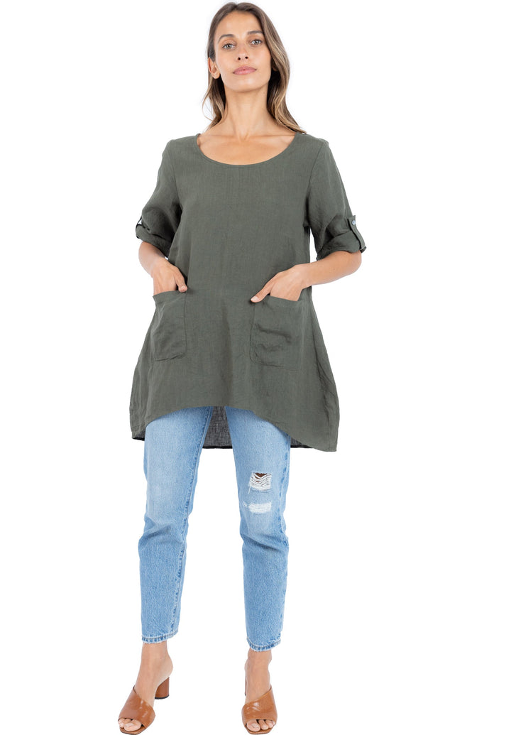 Federica Olive Green Sand Washed Linen Tunic Top