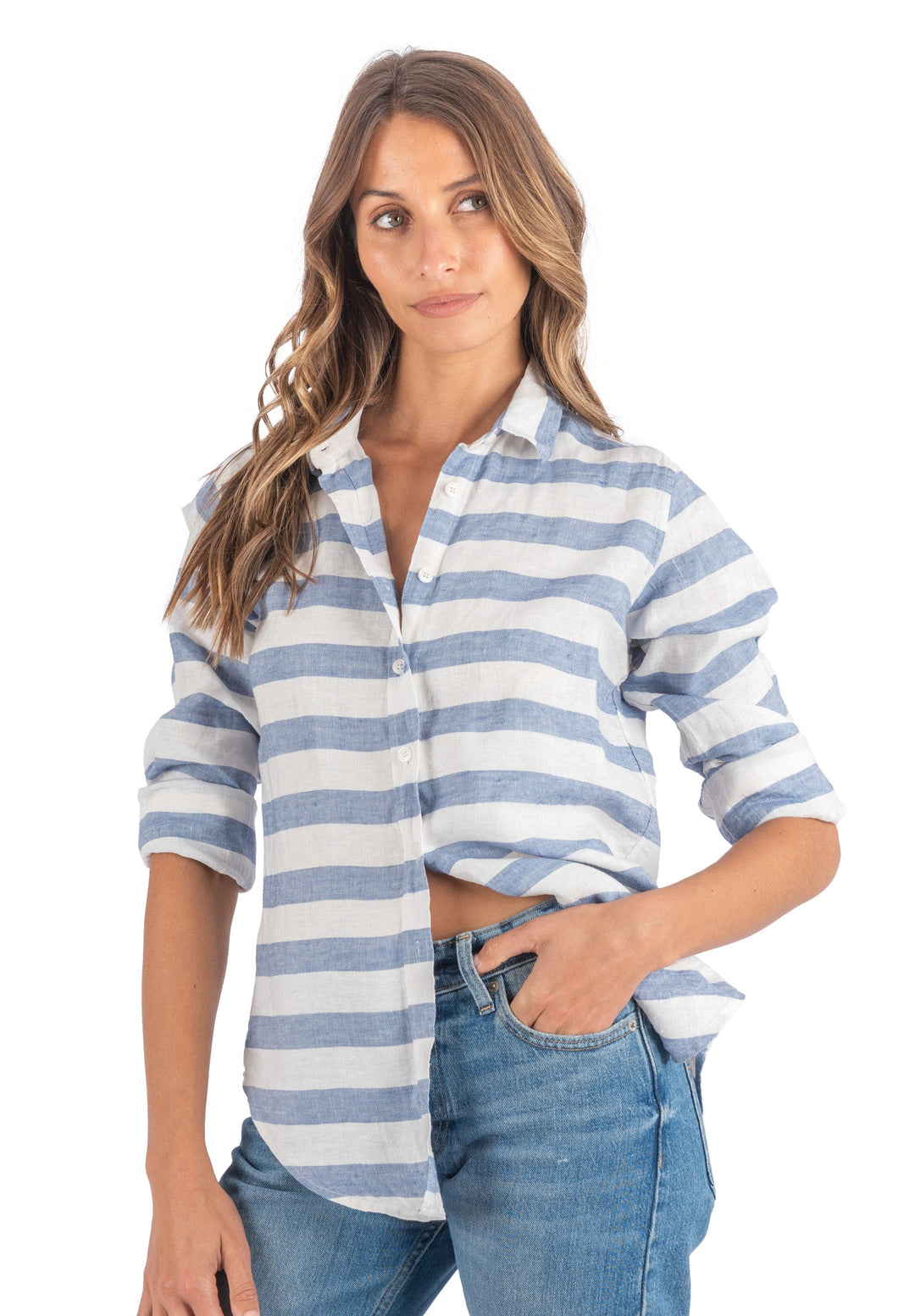 Iris Hera Horizontal Blue Stripes Relaxed Fit Linen Shirt