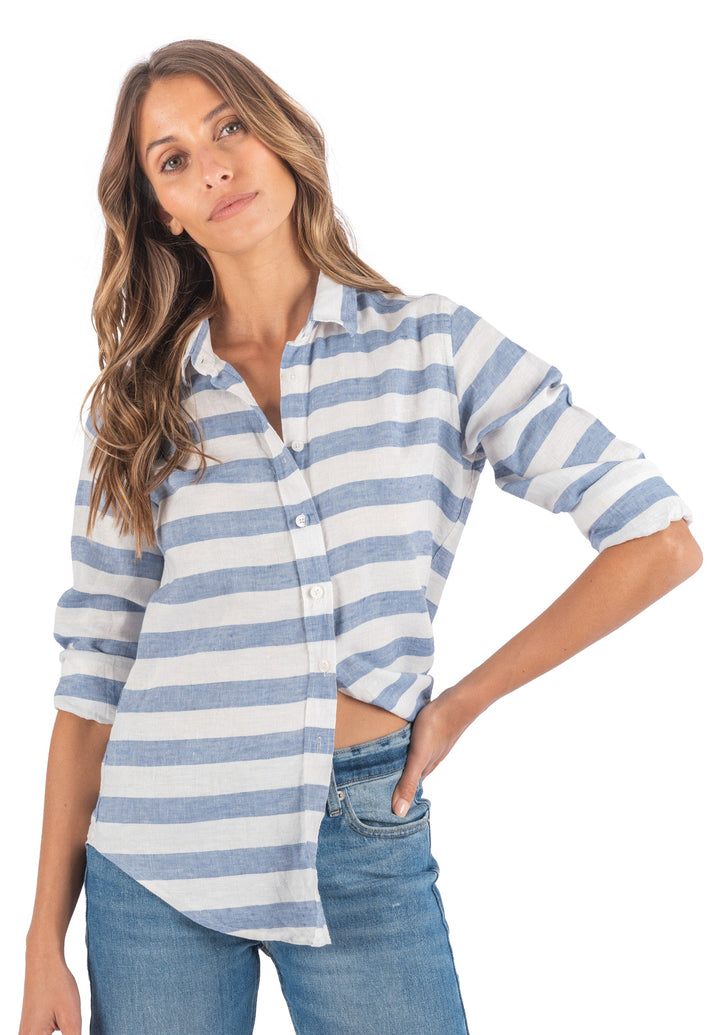 Iris Hera Horizontal Blue Stripes Relaxed Fit Linen Shirt