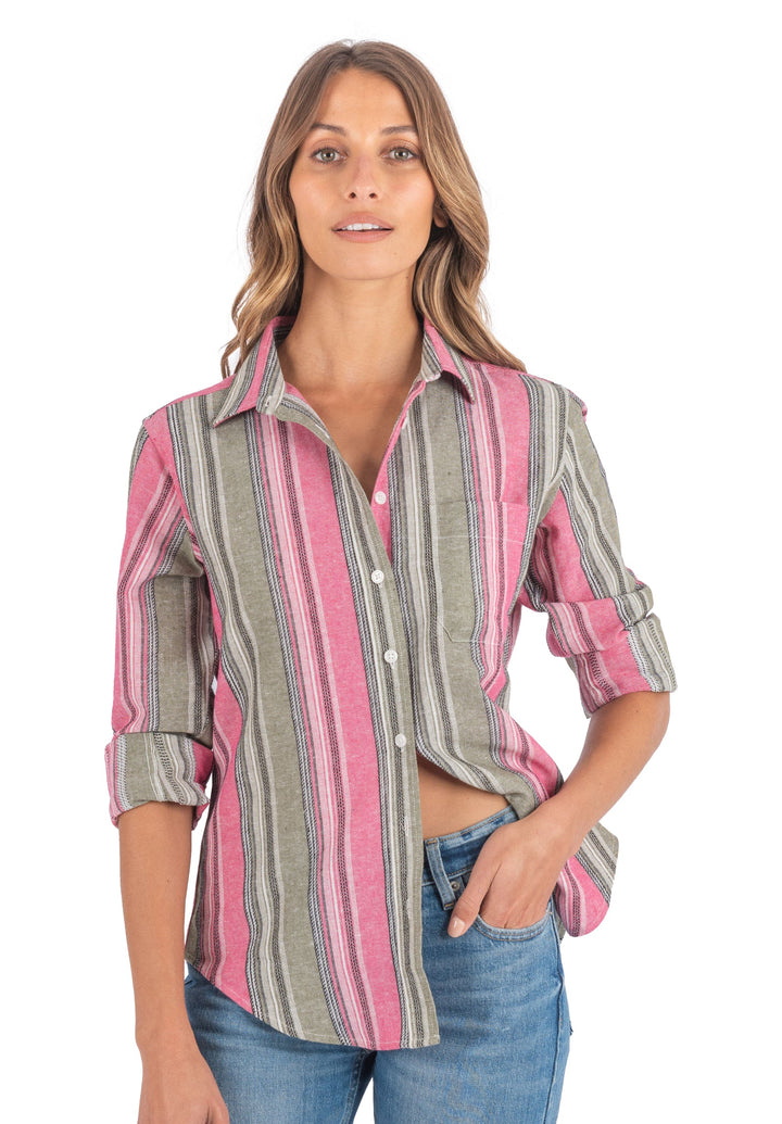 Iris Pink and Green Stripes Relaxed Fit Linen Shirt