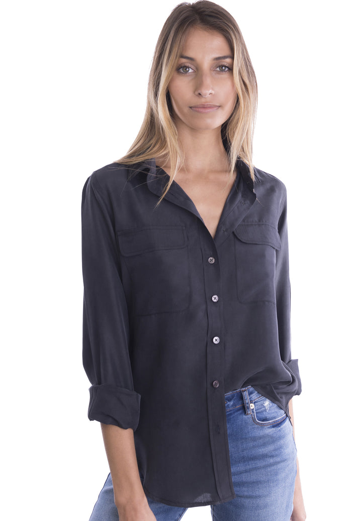 Lete-Silk Black Relaxed Sand Washed Silk Shirt