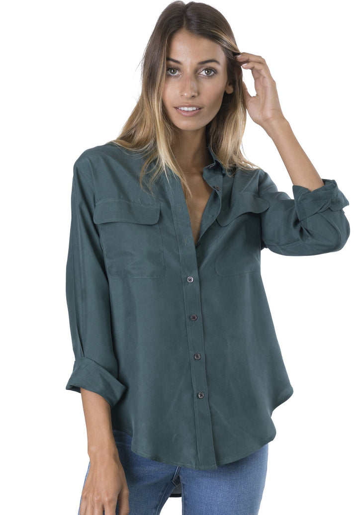 Lete-Silk Petrol Relaxed Sand washed SIlk shirt with pockets