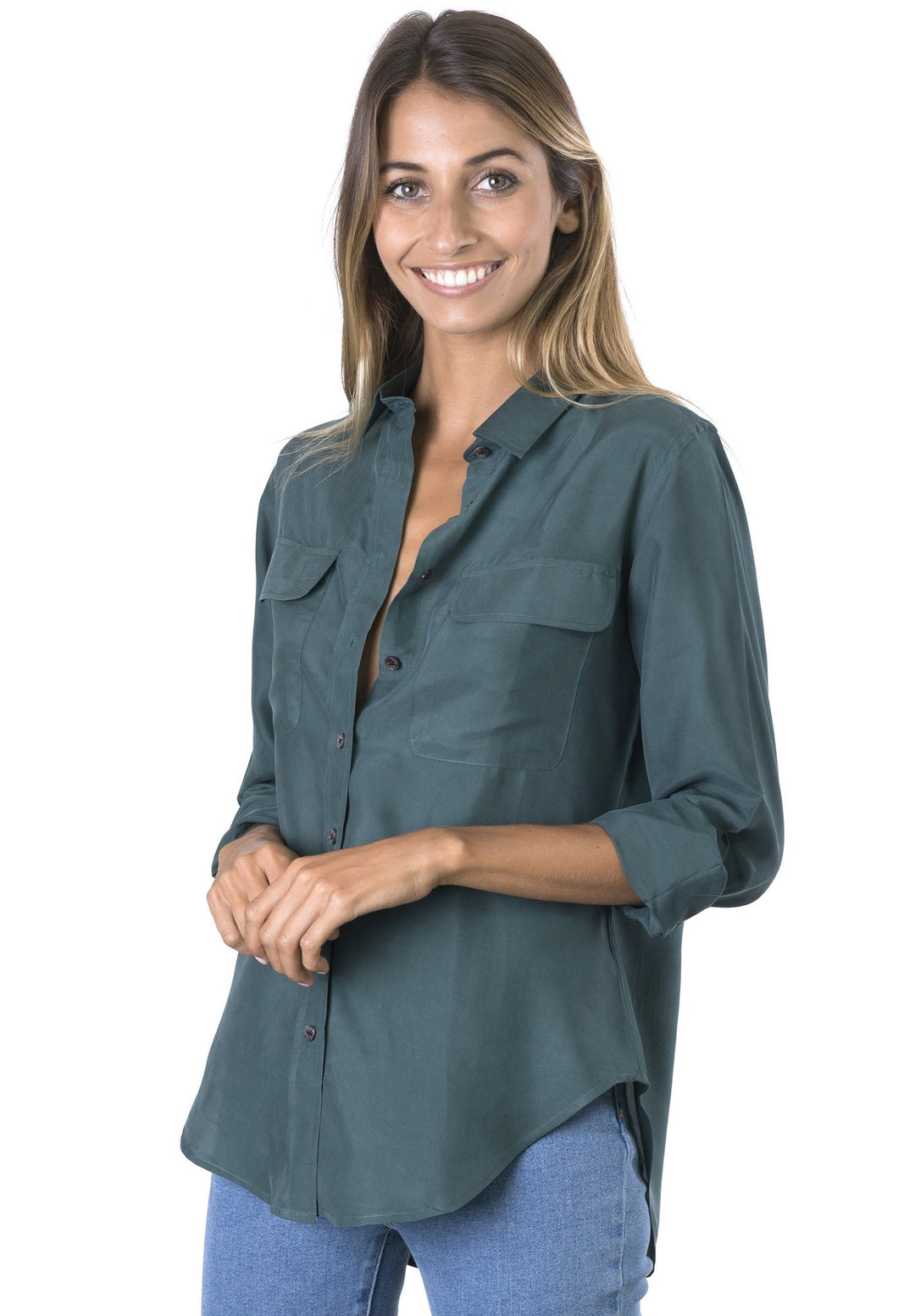 Lete-Silk Petrol Relaxed Sand washed SIlk shirt with pockets