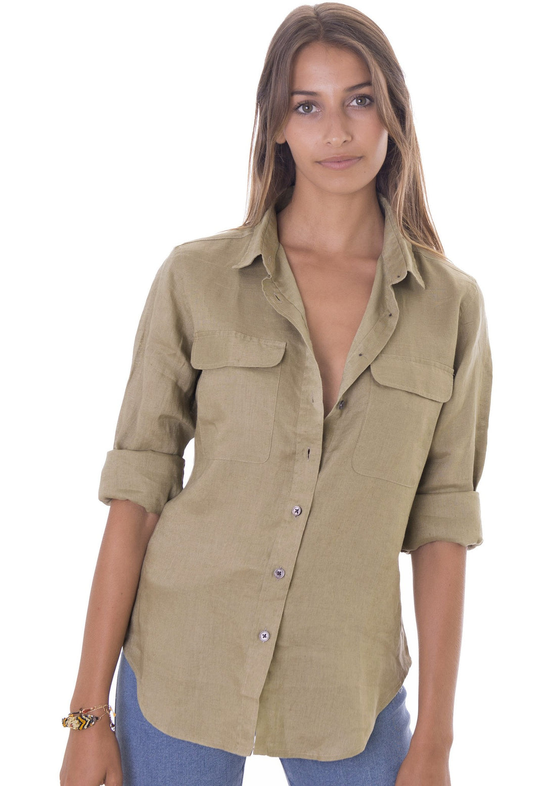 Lete-Linen Khaki Relaxed Linen Shirt With Pockets