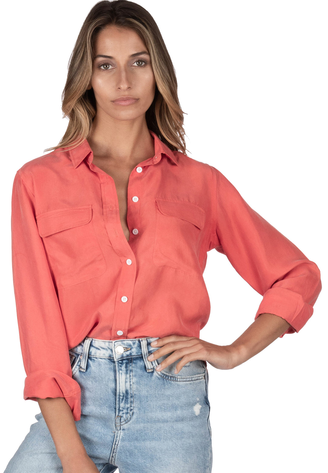 Lete-Silk Coral Relaxed Sand Washed Silk Shirt