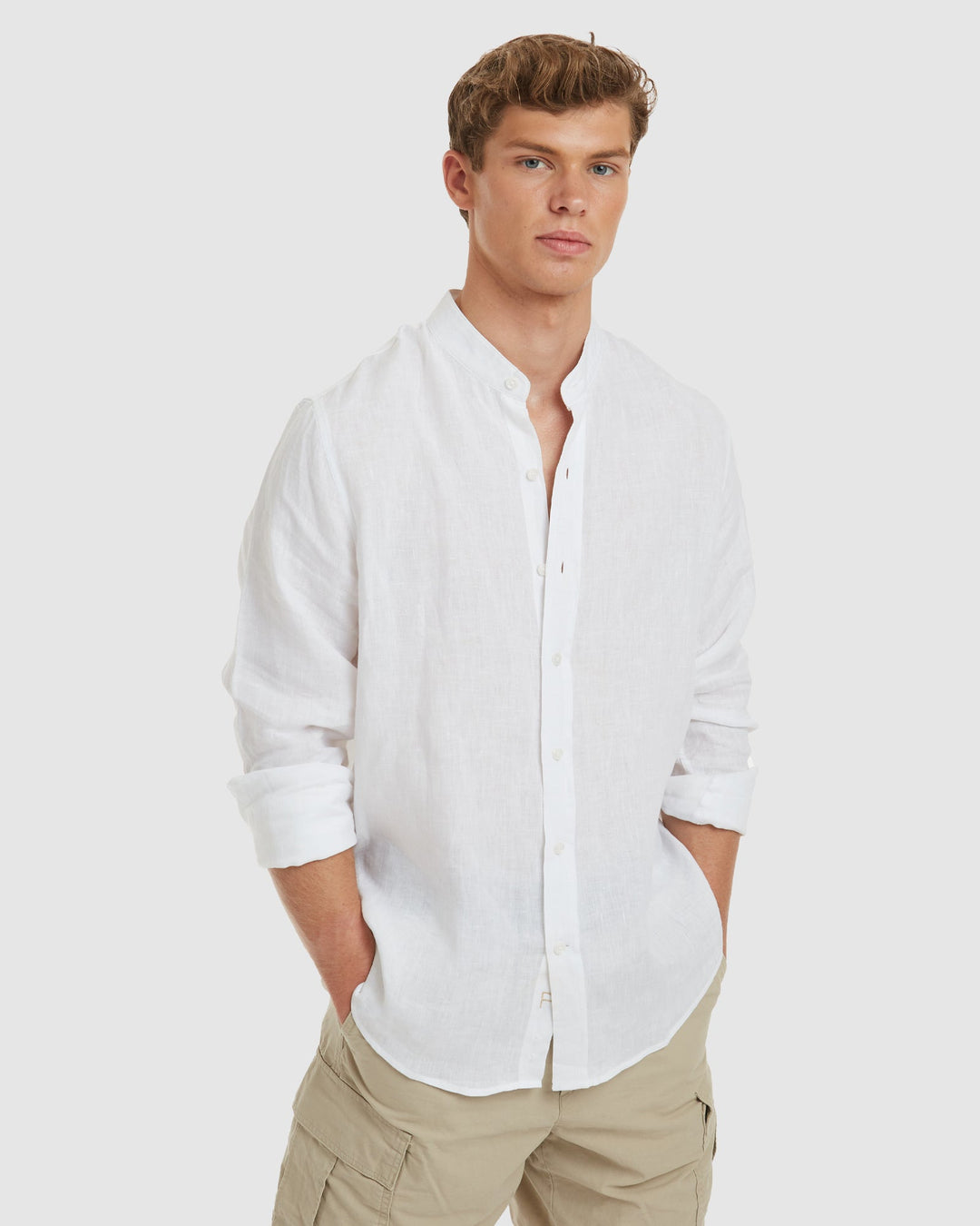 Palma-Slim White Mandarin Collar Linen Shirt