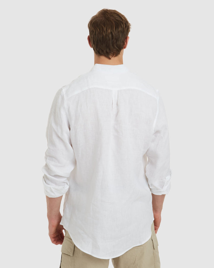 Palma-Slim White Mandarin Collar Linen Shirt