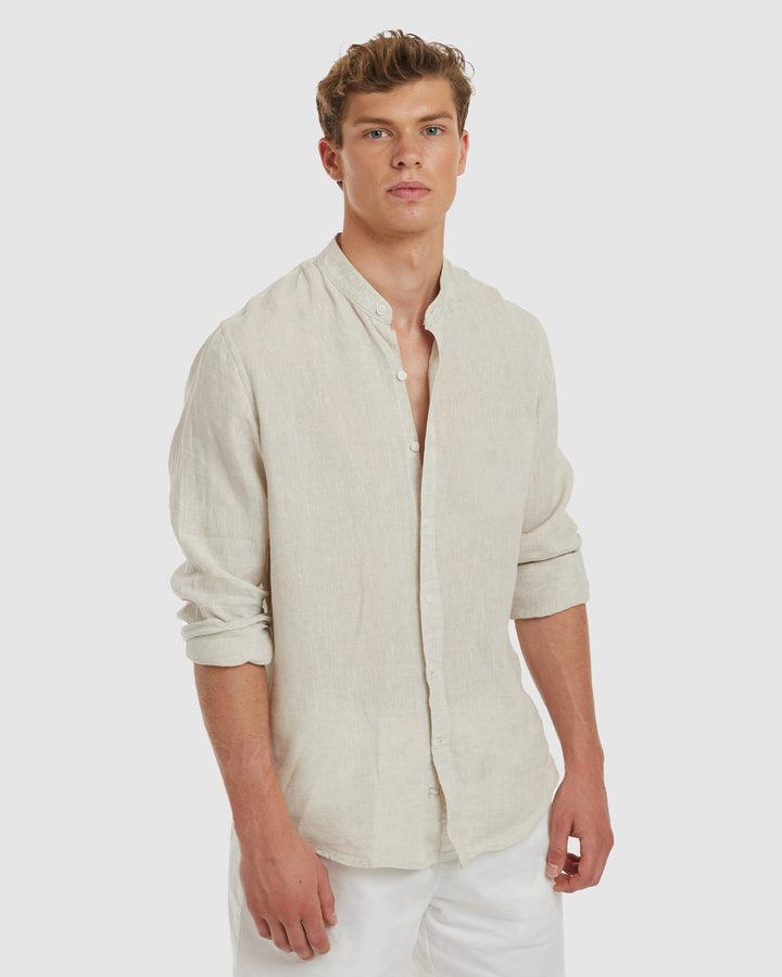 Palma-Casual Sand Mandarin Collar Linen Shirt