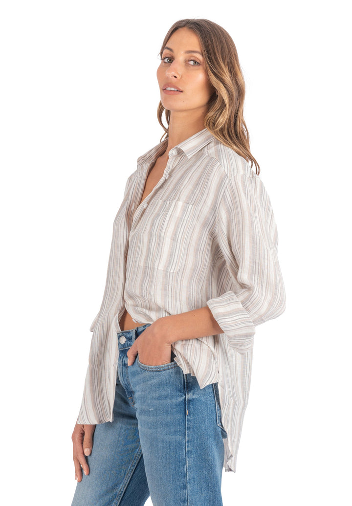 Poppy-Linen Beige Stripes Oversized Linen Shirt