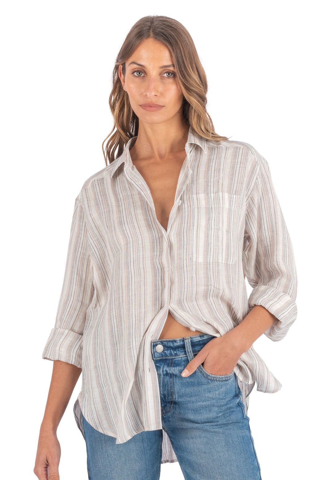 Poppy-Linen Beige Stripes Oversized Linen Shirt