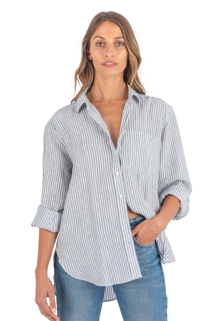 Poppy-Linen Blue Stripes Oversized Linen Shirt