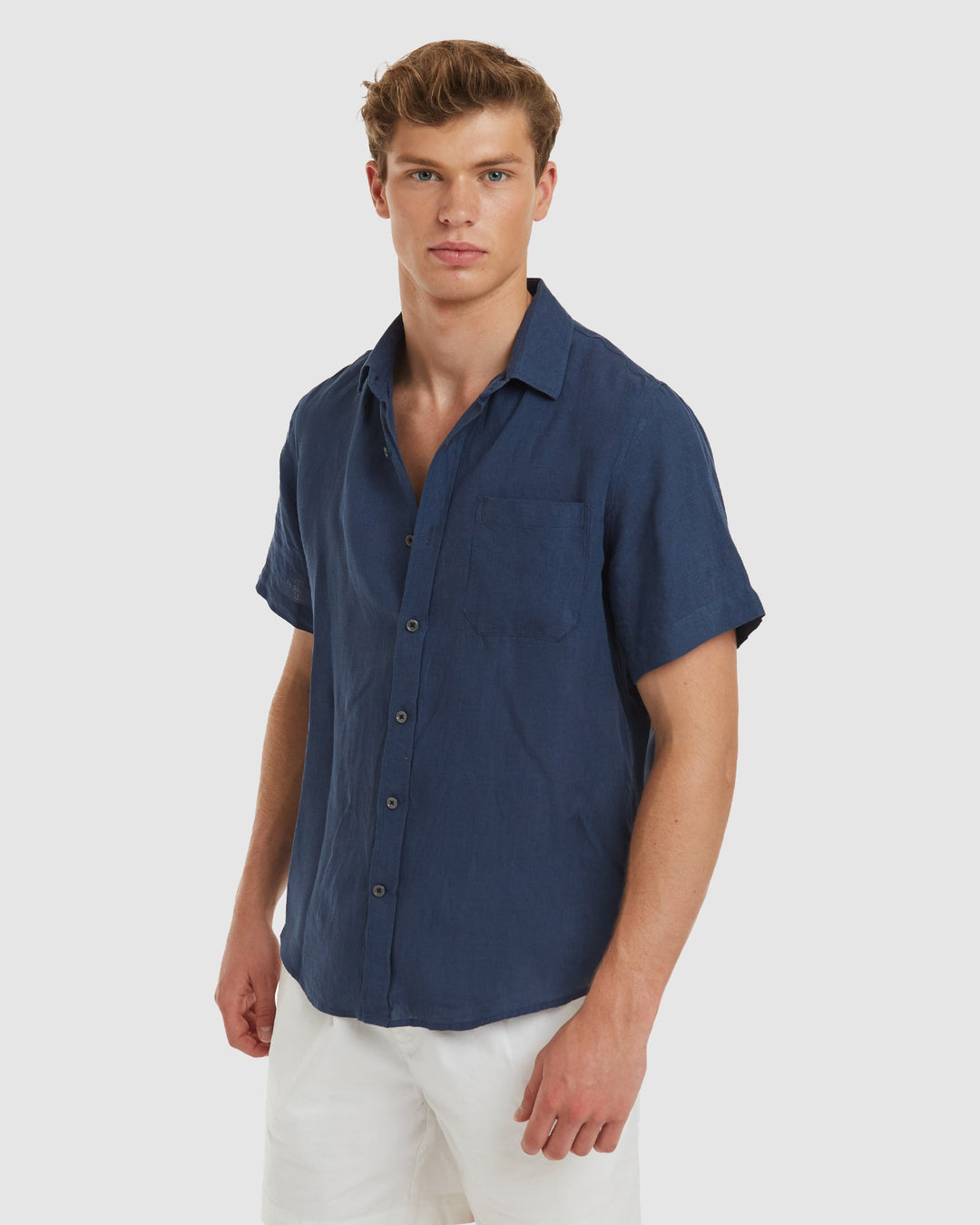 Ravello No Tuck SS Navy Linen Shirt - Slim Fit