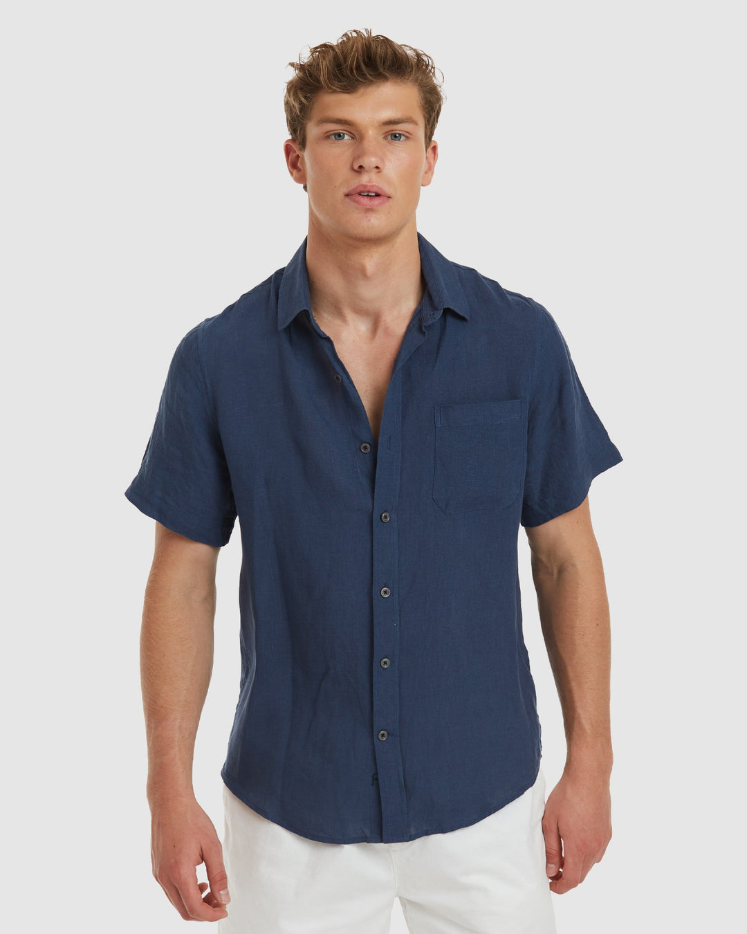 Ravello No Tuck SS Navy Linen Shirt - Slim Fit