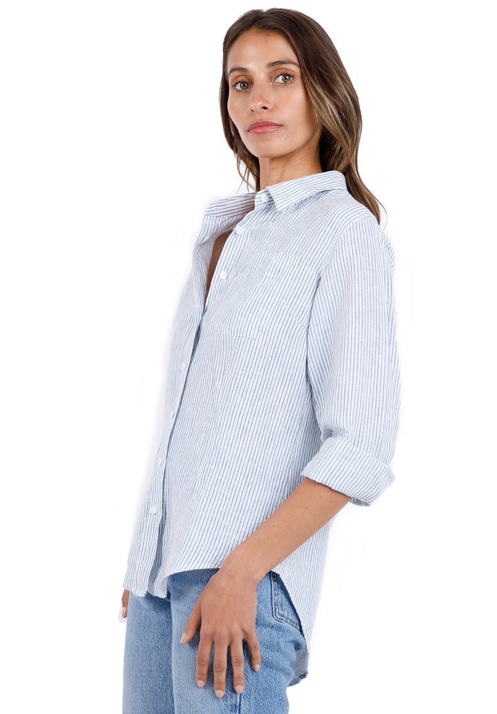 Rina Light Blue Stripes Slim-Fit Linen Shirt
