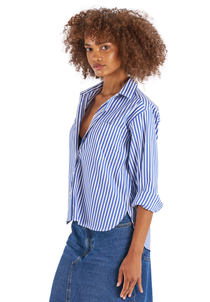 Rita Navy Blue Stripes Boxy Fit Cotton Shirt