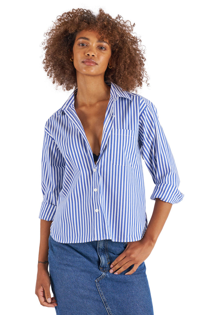 Rita Navy Blue Stripes Boxy Fit Cotton Shirt