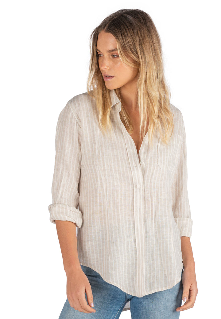 Rina Beige Stripes Slim-Fit Linen Shirt