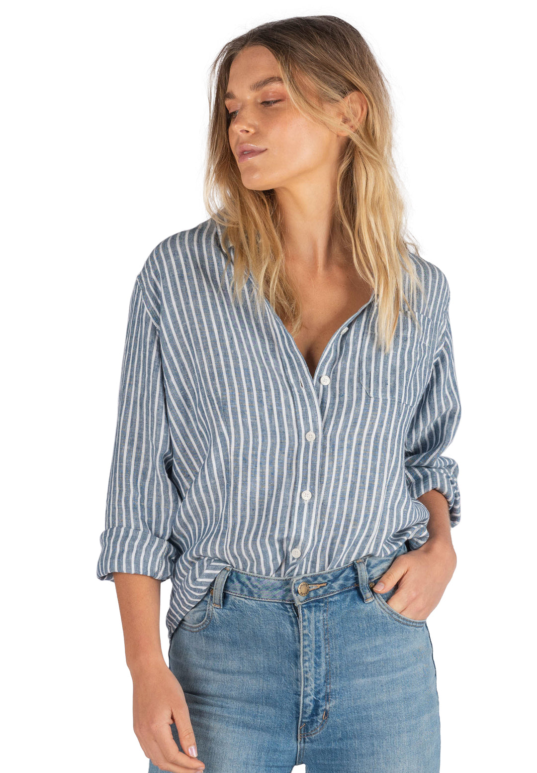 Rina Indigo Blue Stripes Slim-Fit Linen Shirt