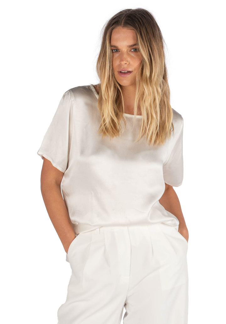 Teena-Satin White 100% Silk T-Shirt