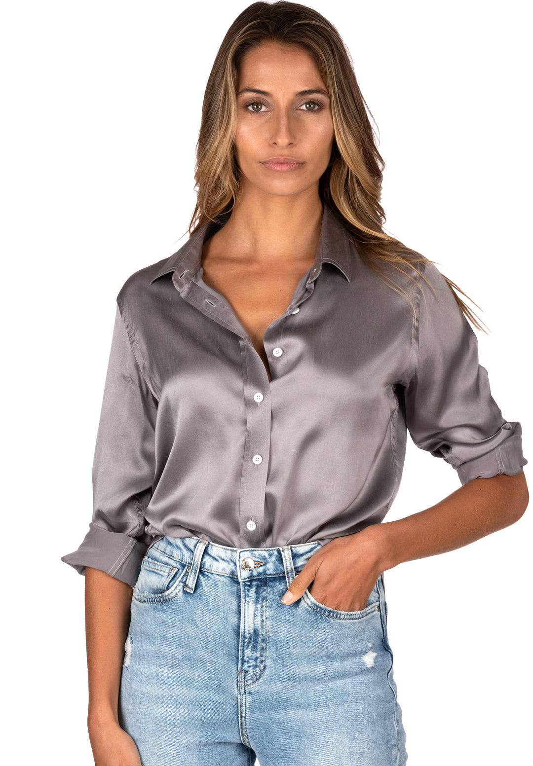Satin-Silk Pearl Grey Relaxed Fit Charmeuse Silk Shirt