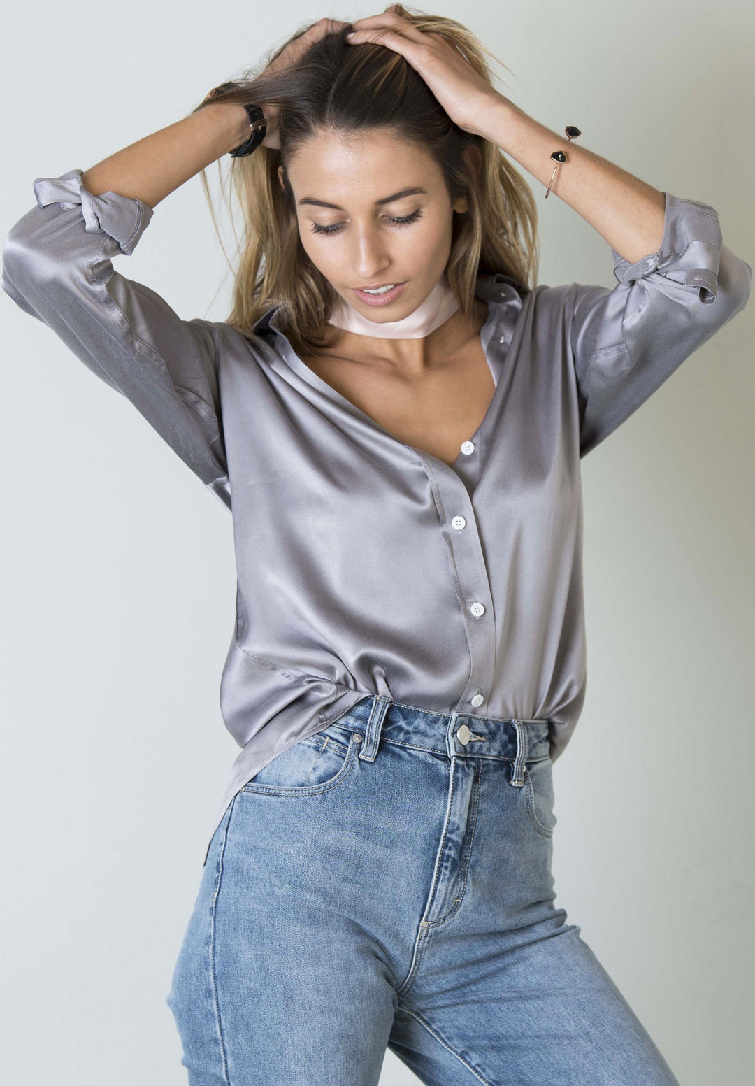 Satin-Silk Pearl Grey Relaxed Fit Charmeuse Silk Shirt