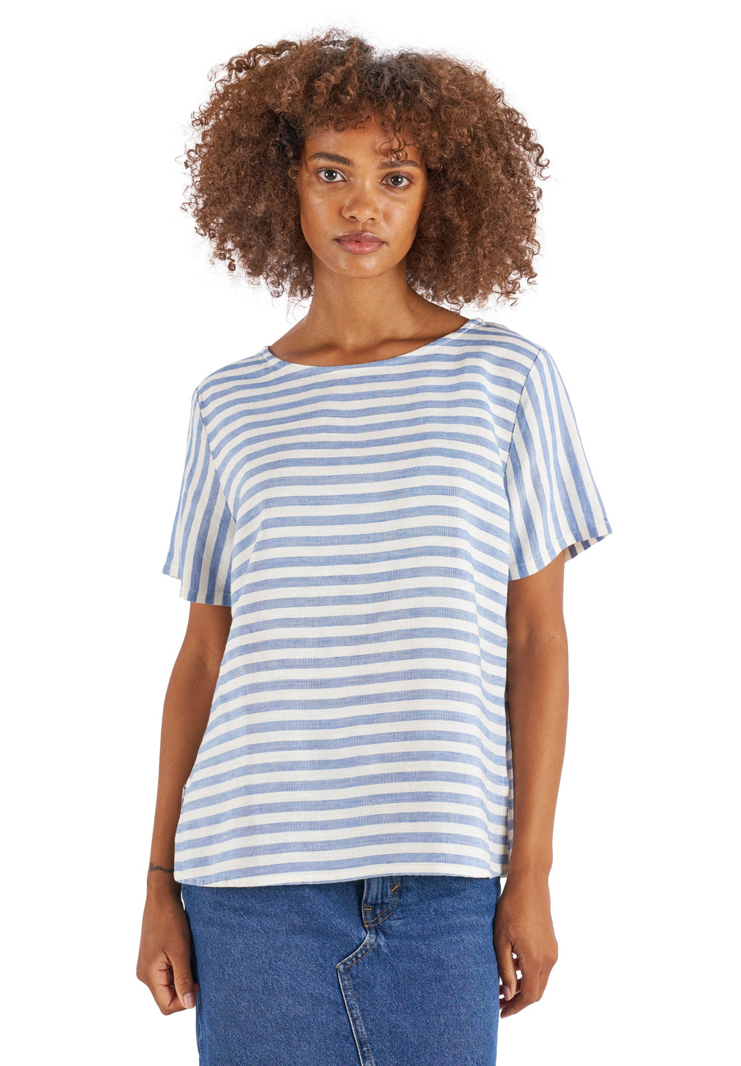 Teena-Linen Thick Blue Stripes Linen T-Shirt
