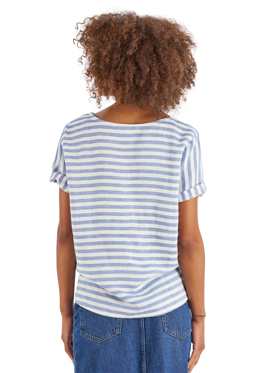 Teena-Linen Thick Blue Stripes Linen T-Shirt