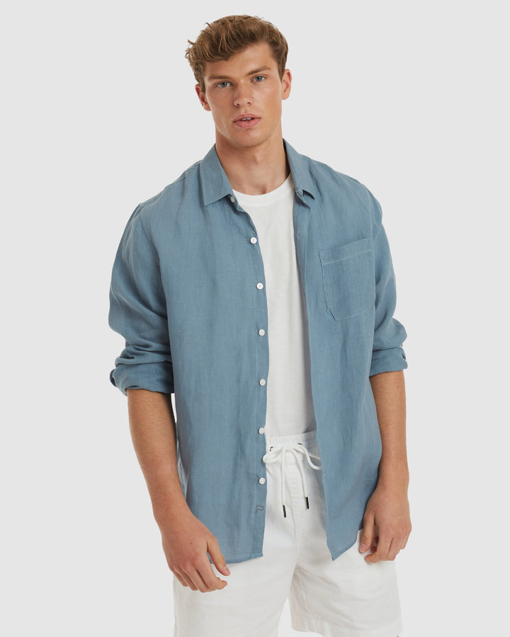 Tulum-Slim Dusk Blue Linen Shirt Long Sleeve