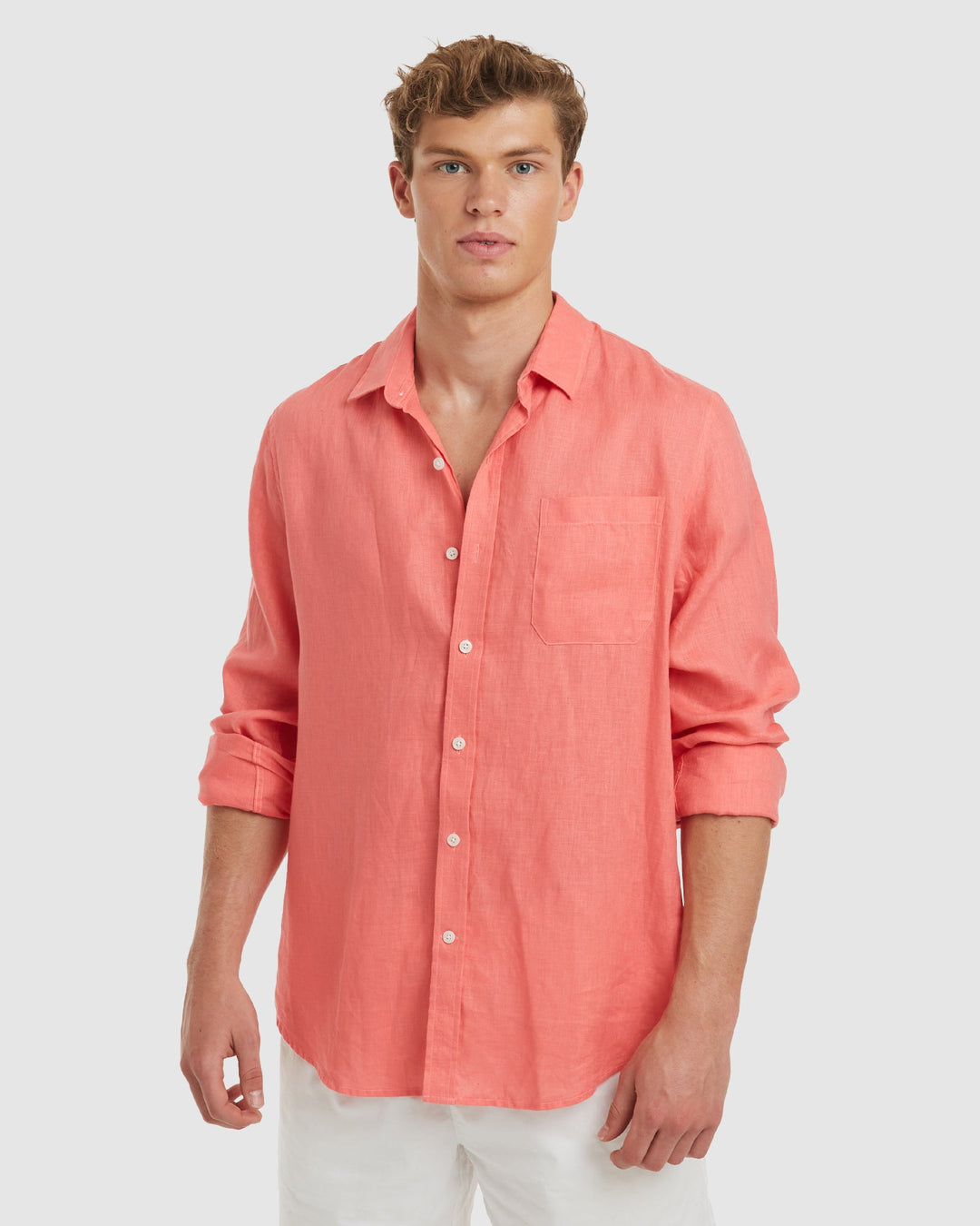 Tulum-Slim Coral Linen Shirt Long Sleeve