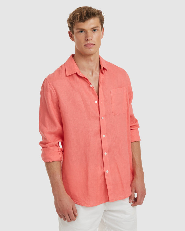 Tulum-Slim Coral Linen Shirt Long Sleeve