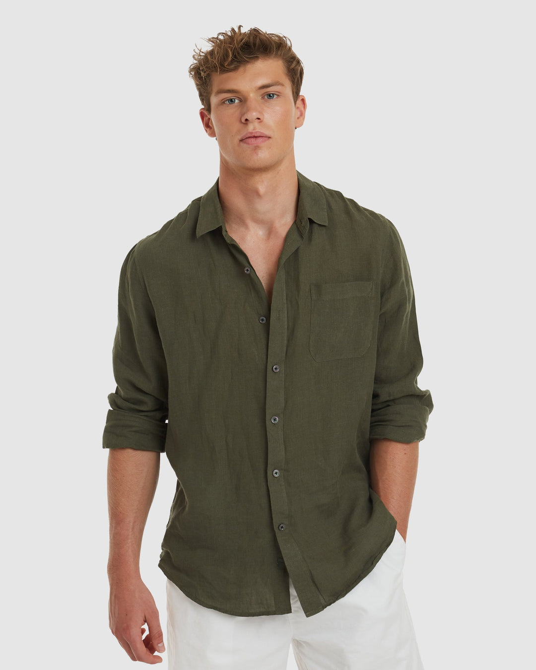 Tulum-Slim Green Linen Shirt Long Sleeve